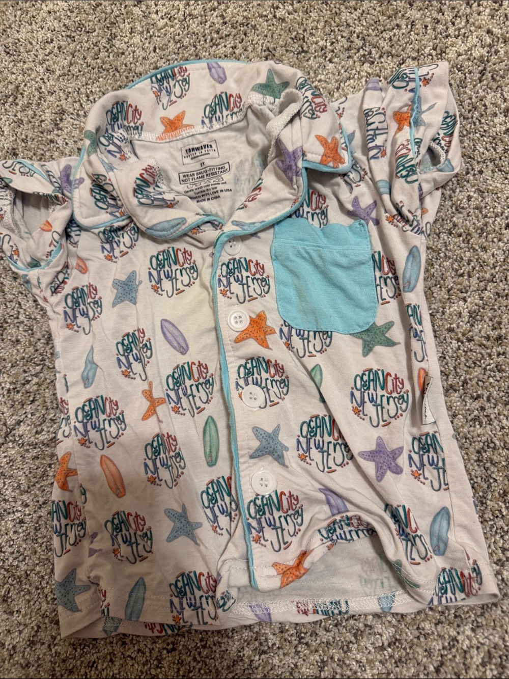 Girls Surf Print Short Romper with Aqua Pocket - Picture 3 of 4
